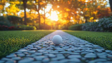 A single white egg rests on a stone pathway in a serene autumnal park bathed in the warm glow of a setting sun creating a peaceful and idyllic scene.