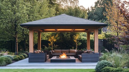 Luxury pavilion with stylish seating and a firepit in the center background