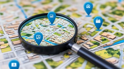 Detailed city map, magnified with a magnifying glass, highlighting specific locations