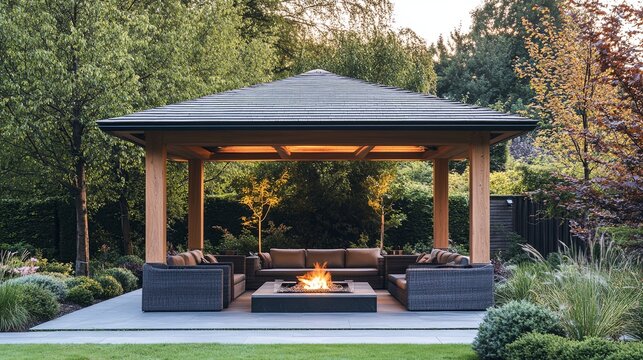Luxury pavilion with stylish seating and a firepit in the center background