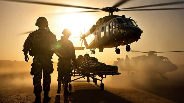 Emergency Rescue: A team of dedicated rescue personnel, silhouetted against the dramatic backdrop of a dusk sky, carries a patient towards a waiting helicopter.