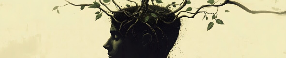 Obraz premium Surreal Human Head Potted Plant with Foliage, Generative AI