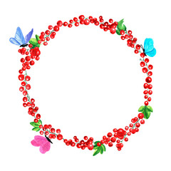 Watercolor round frame of juicy fresh sea ​​​​buckthorn, cowberries, red and black currants, blueberries and butterflies. Hand drawn watercolor illustration. For menus, labels, postcards. Berry, frame