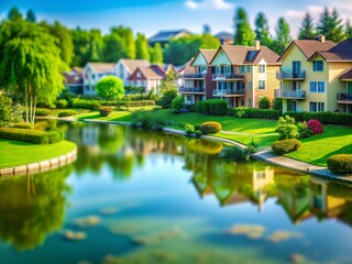 Obraz premium Modern Apartment Complex with Tranquil Pond Captured in Stunning TiltShift Photography A Lush Green Oasis