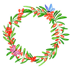 Naklejka premium Watercolor round frame of juicy fresh sea ​​​​buckthorn and butterflies. Hand drawn watercolor illustration. For menus, labels, postcards. Berry, frame