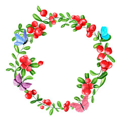Watercolor round frame of juicy fresh cowberry and butterflies. Hand drawn watercolor illustration. For menus, labels, postcards. Berry, frame