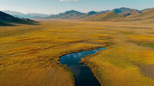 Stunning aerial view of the Ork steppe and surrounding mountainous landscape under clear blue skies, Aerial view of steppe and mountains landscape in Orkhon valley, Mongolia,
