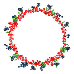 Watercolor round frame of juicy fresh sea ​​​​buckthorn, cowberries, red and black currants, blueberries and butterflies. Hand drawn watercolor illustration. For menus, labels, postcards. Berry, frame