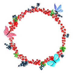 Watercolor round frame of juicy fresh cowberries, blueberries and butterflies. Hand drawn watercolor illustration. For menus, labels, postcards. Berry, frame