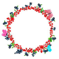 Watercolor round frame of juicy fresh cowberries, red and black currants, blueberries and butterflies. Hand drawn watercolor illustration. For menus, labels, postcards. Berry, frame