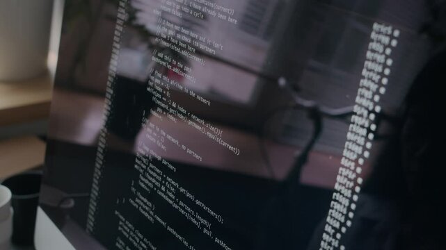 Close up view of code running on desktop computer screen in office of information technology company
