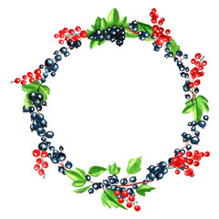 Watercolor round frame of juicy fresh sea ​​​​buckthorn, cowberries, red and black currants, blueberries and butterflies. Hand drawn watercolor illustration. For menus, labels, postcards. Berry, frame