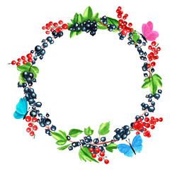 Watercolor round frame of juicy fresh sea ​​​​buckthorn, cowberries, red and black currants, blueberries and butterflies. Hand drawn watercolor illustration. For menus, labels, postcards. Berry, frame
