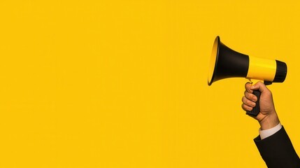 Hand Holding Yellow Megaphone Against Bright Yellow Background for Announcements and Public Speaking