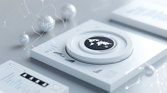 A clean and modern business dashboard concept showing 3D graphs and statistical charts in white and navy tones, floating analytics UI elements with soft shadows