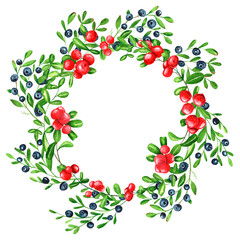 Watercolor round frame of juicy fresh cowberries, blueberries and butterflies. Hand drawn watercolor illustration. For menus, labels, postcards. Berry, frame