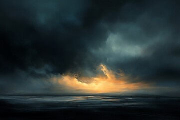 Fototapeta premium Dramatic Sky with Cumulus Clouds and Golden Light Reflection on Dark Ocean Water