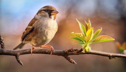 Fototapeta premium 新しい葉が芽吹く春の木の枝で、小さな鳥が静かに止まり込む一瞬の穏やかな風景