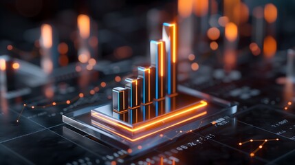 A futuristic business data statistics scene with a glowing 3D bar graph rising from a sleek glass surface, vibrant blue and orange color-coded data bars, digital numbers