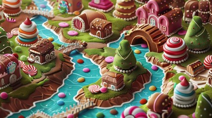 Naklejka premium A whimsical gingerbread village with colorful sweets and decorations by a river.