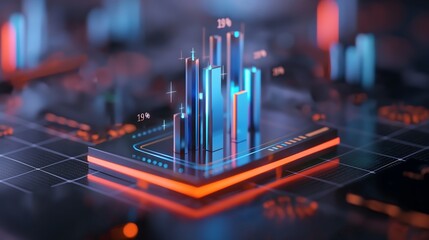 A futuristic business data statistics scene with a glowing 3D bar graph rising from a sleek glass surface, vibrant blue and orange color-coded data bars, digital numbers