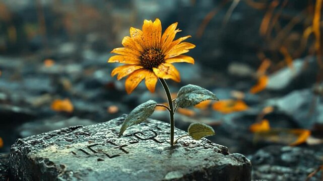 Resilience of Life: A lone yellow daisy, bathed in a soft glow of morning sunlight, grows from the ashes of a ravaged landscape, offering a poignant reminder of nature's indomitable spirit.  