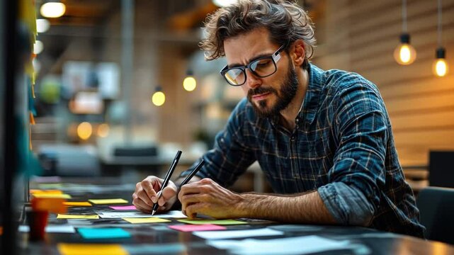 Creative Focus: A young man with beard, glasses, and plaid shirt, leans intently over a desk covered with colorful sticky notes, his pen gliding across the surface.