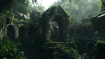 Ruins in a Jungle: Ancient ruins, reclaimed by the tenacious embrace of nature, stand as a testament to time and the power of the wild, shrouded in an aura of mystery and forgotten tales.