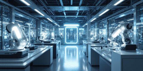 Robotics Laboratory Research: Automated arms experiment in futuristic facility, developing tech.