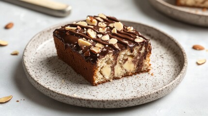 a close-up shot of a thick slice of vegan banana bread resting on a speckled ceramic plate, garnished with crushed almonds and drizzled with glossy dark chocolate the rich, moist texture of the bread