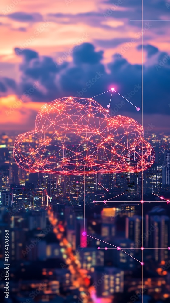 Poster cloud computing over a city at sunset. a network of connected dots and lines form a cloud shape over