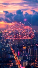Cloud computing over a city at sunset.  A network of connected dots and lines form a cloud shape over a cityscape