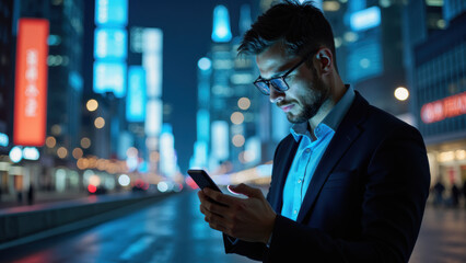 man suit using smartphone city night, surrounded by bright lights and modern buildings, exuding focus and professionalism