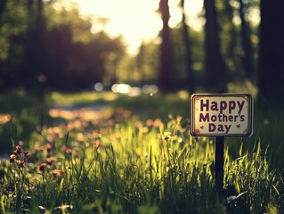 Happy Mothers Day Sign Nestled in Lush Green Grass Under Sunlight in a Serene Forest Environment with Bokeh Background A Heartwarming Scene