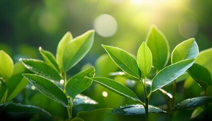 Obraz premium 春の若葉が柔らかく芽吹き、太陽の光で輝くクローズアップ。その葉の縁や表面に残る水滴が春の爽やかな風を感じさせ、自然の清々しさと新しい命の息吹を表現した素敵なシーンです。
