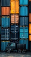 Fototapeta premium Stacked shipping containers with a truck