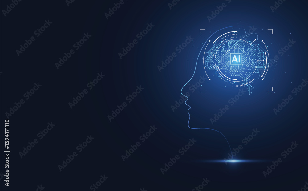 Sticker abstract artificial intelligence with head human connection. digital technology line composition con