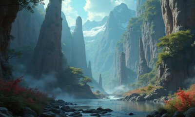 Serene Mountain River Gorge Landscape - Ethereal/Mystical landscapes