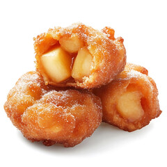 Golden and crispy apple fritters with a caramelized sugar coating and soft, cinnamon-spiced apple chunks inside, isolated white background