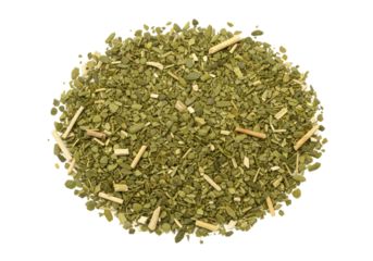 Close-up of dried yerba mate leaves on a white background, showcasing texture and color