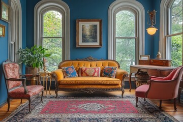 Victorian home interior with modern blue walls, vintage furniture, rich wood floors, and traditional accents. Brass side table and art print.