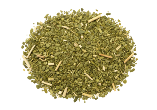 Close-up of dried yerba mate leaves on a white background, showcasing texture and color