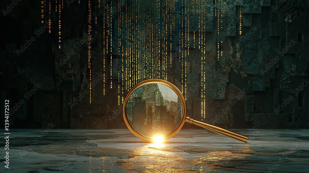 Poster abstract forensic analysis scene with a magnifier over text, surrounded by floating numbers.