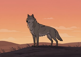 Fototapeta premium Wolf Standing on Hill at Sunset Cartoon Illustration for Wild Animal Theme