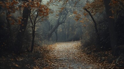 Fototapeta premium Autumnal Trail: A serene pathway winds its way through a misty, golden-hued forest, the air filled with the crisp, cool aroma of fallen leaves.