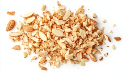 a close-up view of a small pile of finely chopped almond crumbs scattered on a pure white background the tiny golden-brown almond pieces vary in size, with some larger chunks mixed among finer