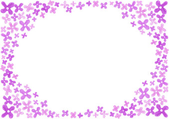 Frame with floral patterns in each corner and around background edges. Simple four petal flowers. Lilac. Different shades of purple, pink, violet color. Drawing with colored pencils. White copy space.