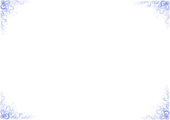 Frame. In each corner of background there are small patterns consisting of curls, thin delicate lines. Different shades of blue. Drawing with colored pencils. White copy space. Elegant, delicate