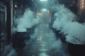 Fototapeta premium Misty alleyway filled with steaming pots