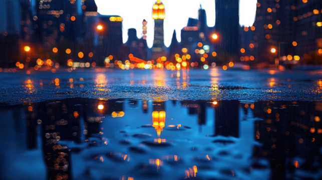 City Lights Reflection: Capturing the vibrant cityscape reflecting on wet streets, illuminated by luminous lights and structures. Reflective surfaces showcase urban life's captivating allure.